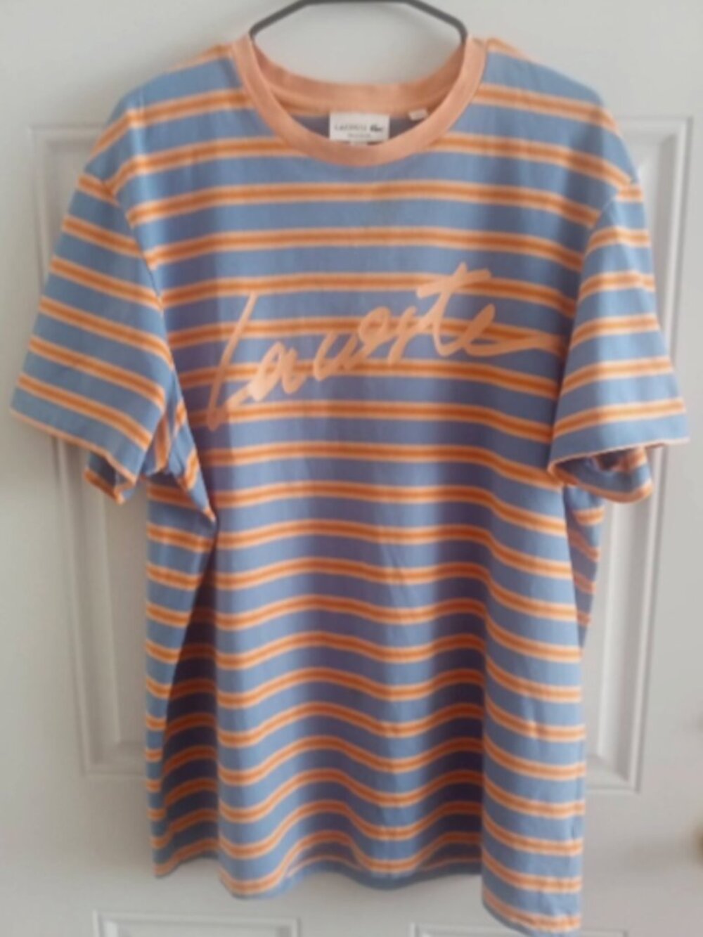 Lacoste Men's Striped Cotton T-Shirt Melon/Blue Fits a US size XL